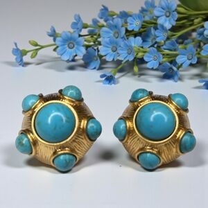 Chunky Gold Plated Turquoise Cabochon Statement Earrings